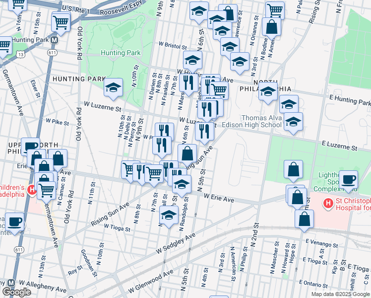 map of restaurants, bars, coffee shops, grocery stores, and more near 3853 North 6th Street in Philadelphia