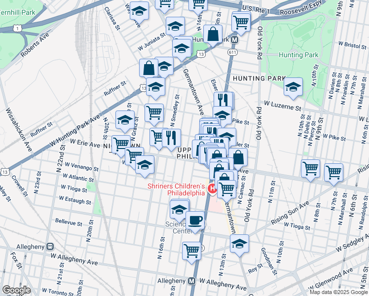 map of restaurants, bars, coffee shops, grocery stores, and more near 3722 North Sydenham Street in Philadelphia