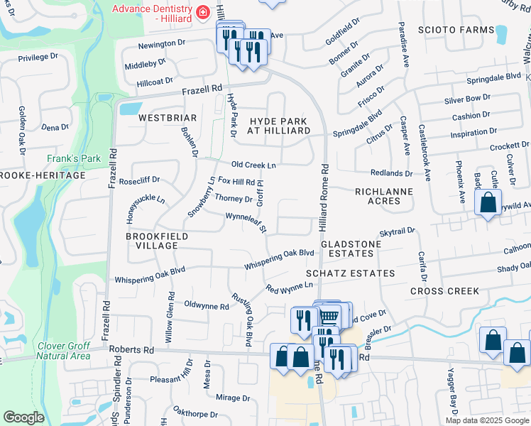 map of restaurants, bars, coffee shops, grocery stores, and more near 2912 Groff Place in Hilliard