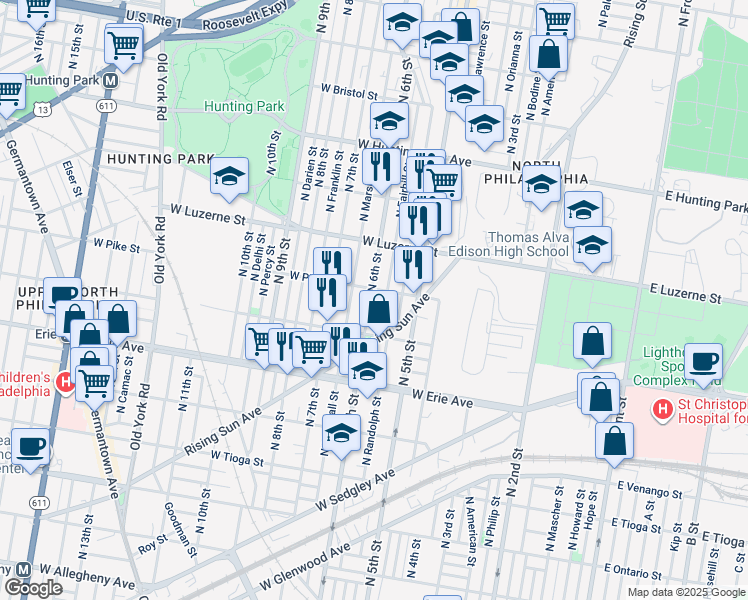 map of restaurants, bars, coffee shops, grocery stores, and more near 3853 North 6th Street in Philadelphia