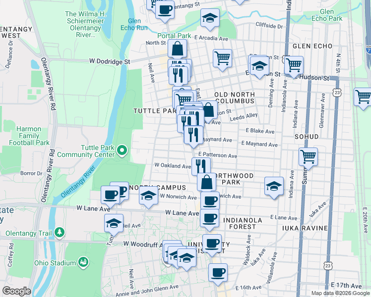 map of restaurants, bars, coffee shops, grocery stores, and more near 26 West Patterson Avenue in Columbus
