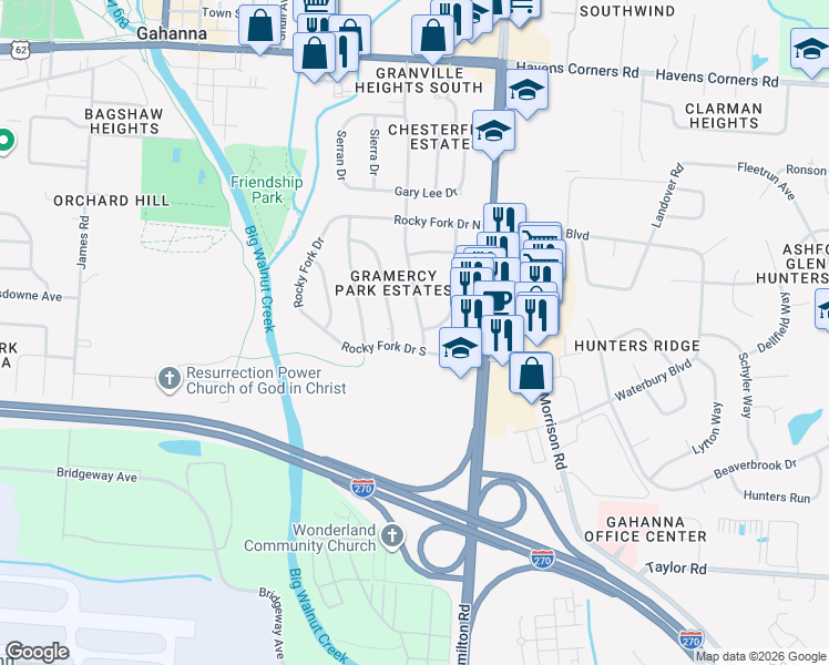 map of restaurants, bars, coffee shops, grocery stores, and more near 326 Broken Arrow Road in Columbus
