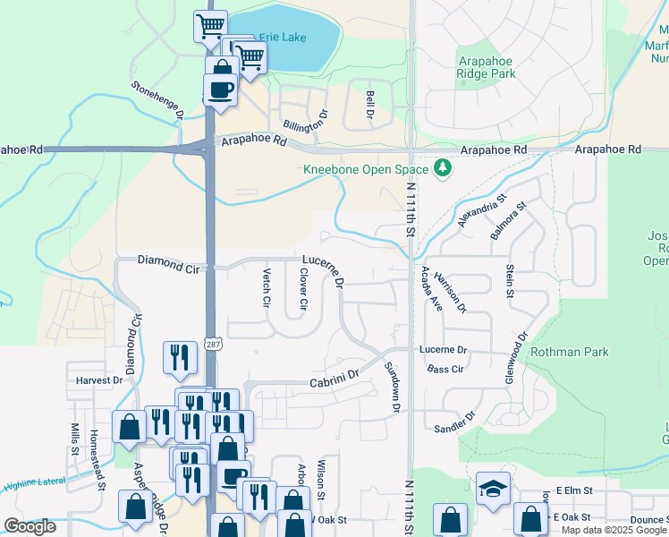 map of restaurants, bars, coffee shops, grocery stores, and more near 401 West Lucerne Drive in Lafayette