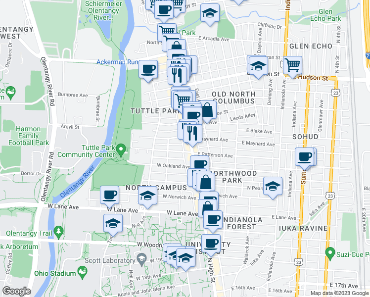 map of restaurants, bars, coffee shops, grocery stores, and more near 24 West Patterson Avenue in Columbus