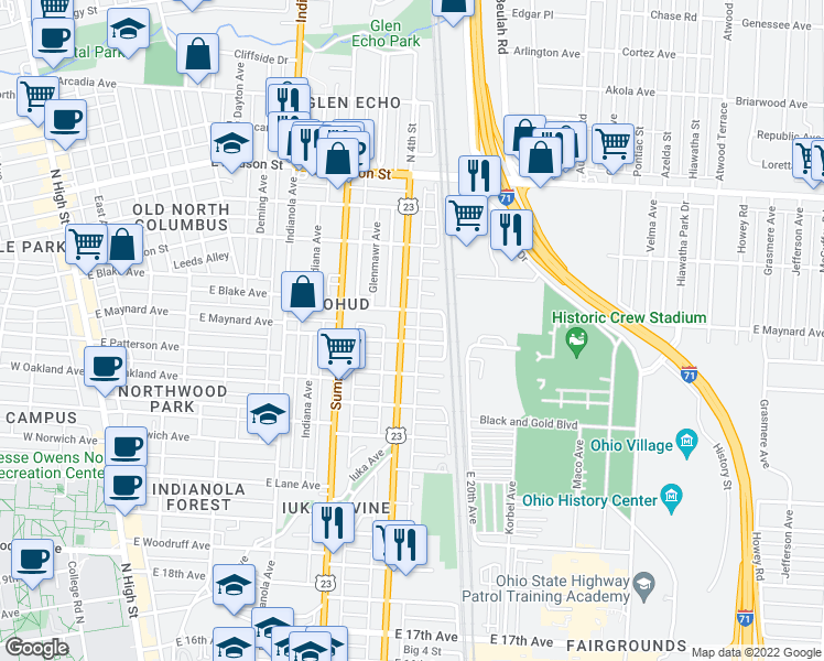 map of restaurants, bars, coffee shops, grocery stores, and more near 2298 N 4th St in Columbus