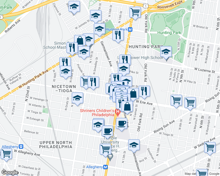 map of restaurants, bars, coffee shops, grocery stores, and more near 3733 North 15th Street in Philadelphia