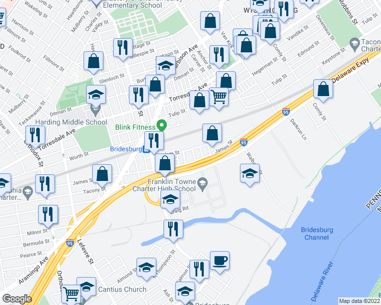 map of restaurants, bars, coffee shops, grocery stores, and more near 2234 Larue Street in Philadelphia