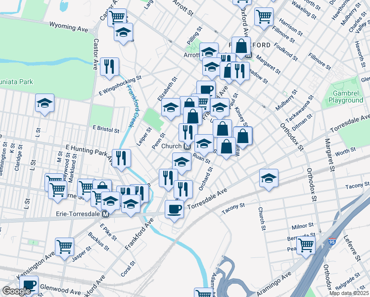 map of restaurants, bars, coffee shops, grocery stores, and more near 4264 Frankford Avenue in Philadelphia