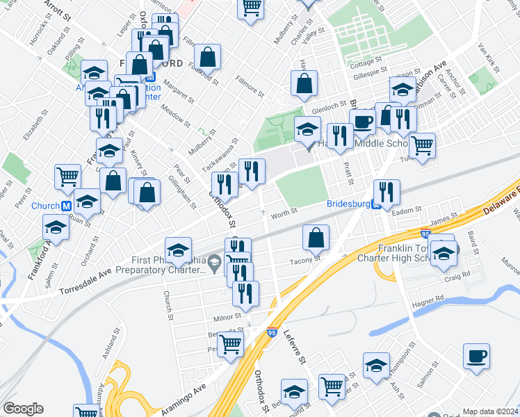 map of restaurants, bars, coffee shops, grocery stores, and more near 4661 Edmund Street in Philadelphia