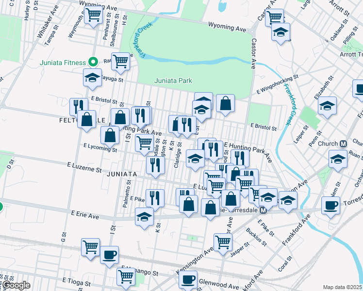 map of restaurants, bars, coffee shops, grocery stores, and more near 4137 Claridge Street in Philadelphia
