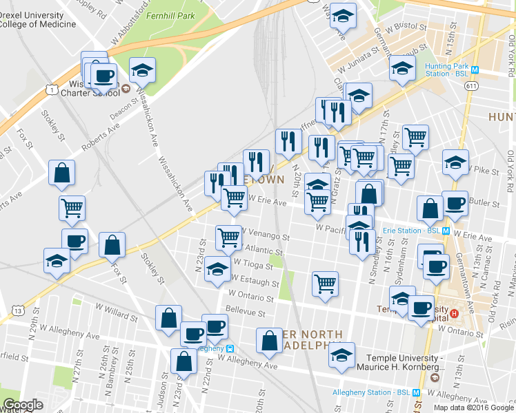 map of restaurants, bars, coffee shops, grocery stores, and more near 3654 North 21st Street in Philadelphia