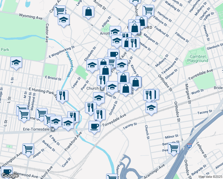 map of restaurants, bars, coffee shops, grocery stores, and more near 1636 Church Street in Philadelphia