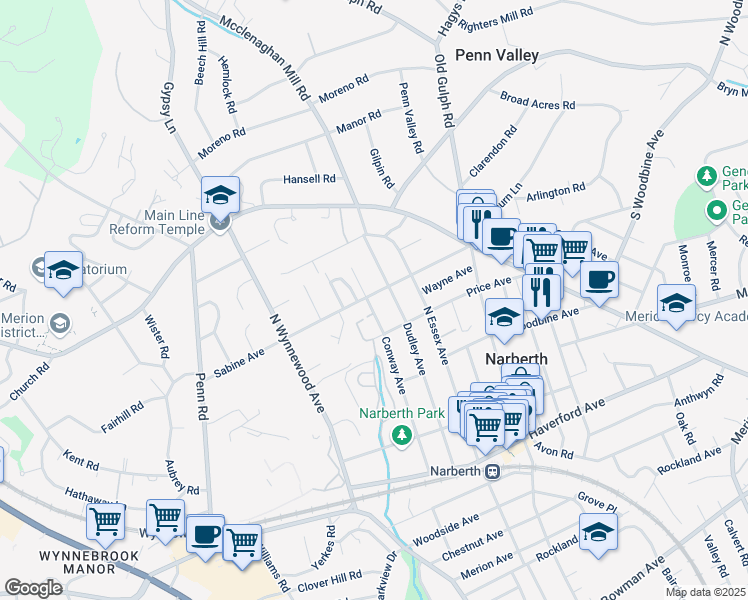 map of restaurants, bars, coffee shops, grocery stores, and more near 501 Conway Avenue in Narberth