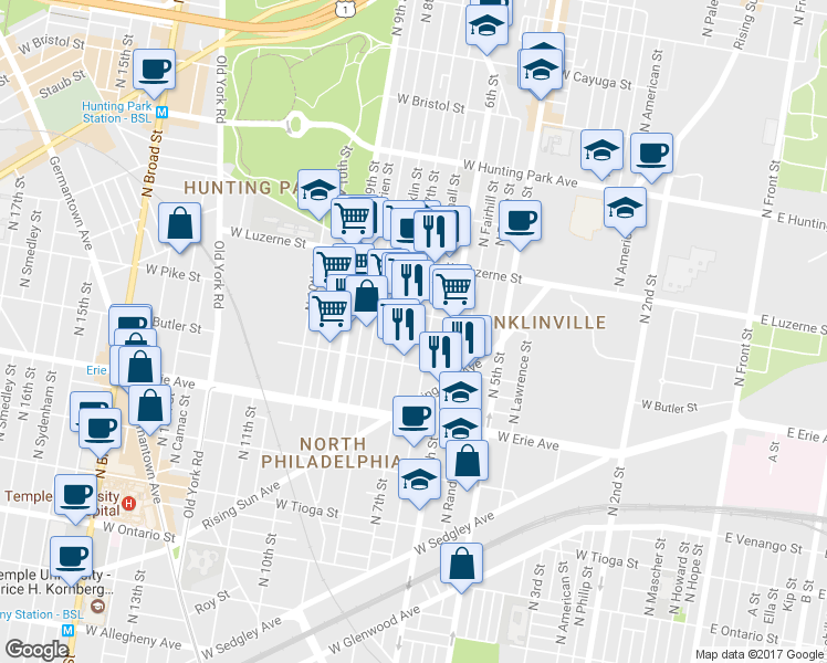 map of restaurants, bars, coffee shops, grocery stores, and more near 3843 North 7th Street in Philadelphia