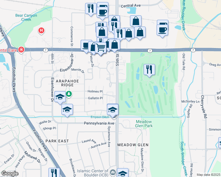 map of restaurants, bars, coffee shops, grocery stores, and more near 1401 Lodge Lane in Boulder