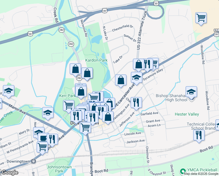map of restaurants, bars, coffee shops, grocery stores, and more near 2 Dustin Drive in Downingtown