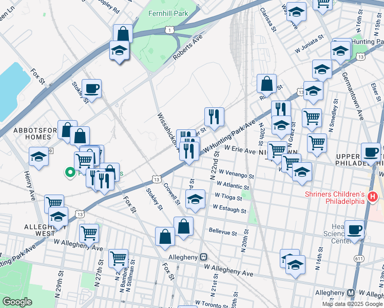 map of restaurants, bars, coffee shops, grocery stores, and more near 2249 West Hunting Park Avenue in Philadelphia