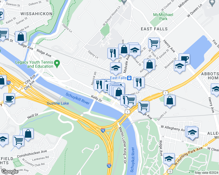 map of restaurants, bars, coffee shops, grocery stores, and more near 3699 Stanton Street in Philadelphia
