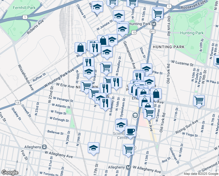 map of restaurants, bars, coffee shops, grocery stores, and more near 3713 North 17th Street in Philadelphia