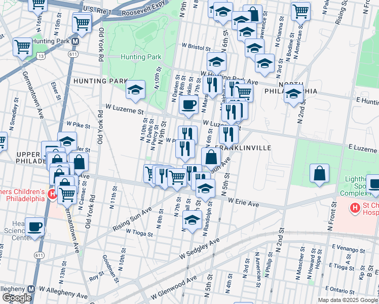 map of restaurants, bars, coffee shops, grocery stores, and more near 3843 North 7th Street in Philadelphia