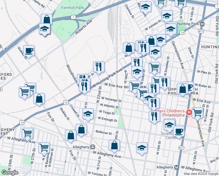 map of restaurants, bars, coffee shops, grocery stores, and more near 3654 North 21st Street in Philadelphia