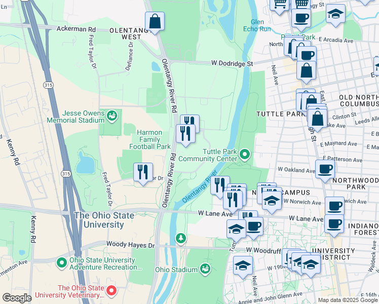 map of restaurants, bars, coffee shops, grocery stores, and more near 2400 Olentangy River Road in Columbus