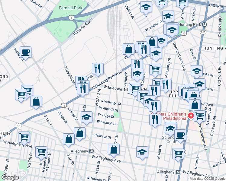map of restaurants, bars, coffee shops, grocery stores, and more near 3661 North 21st Street in Philadelphia