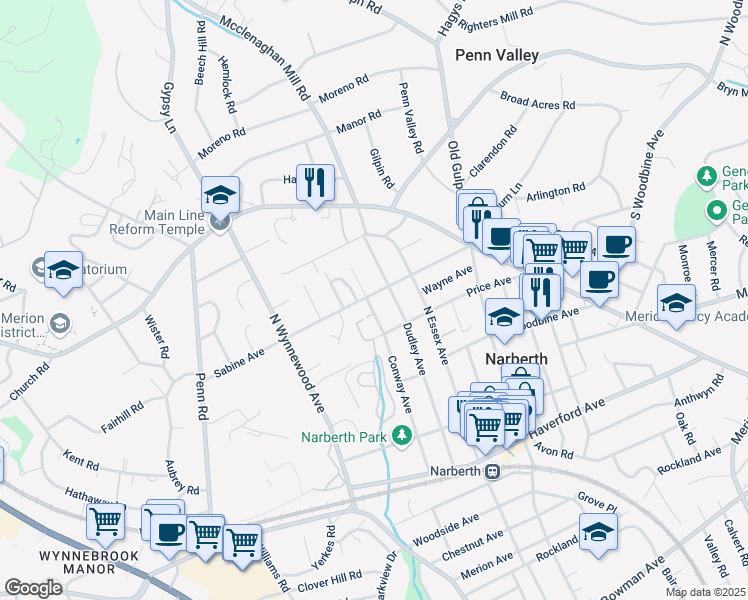 map of restaurants, bars, coffee shops, grocery stores, and more near 501 Conway Avenue in Narberth