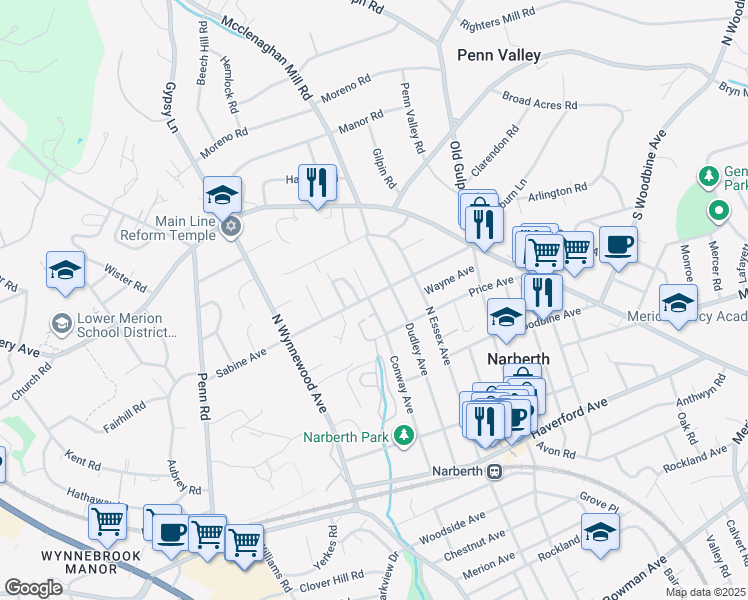 map of restaurants, bars, coffee shops, grocery stores, and more near 501 Conway Avenue in Narberth