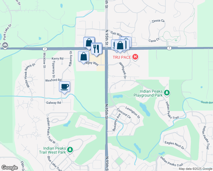 map of restaurants, bars, coffee shops, grocery stores, and more near 2683 Indian Peaks Trail in Lafayette
