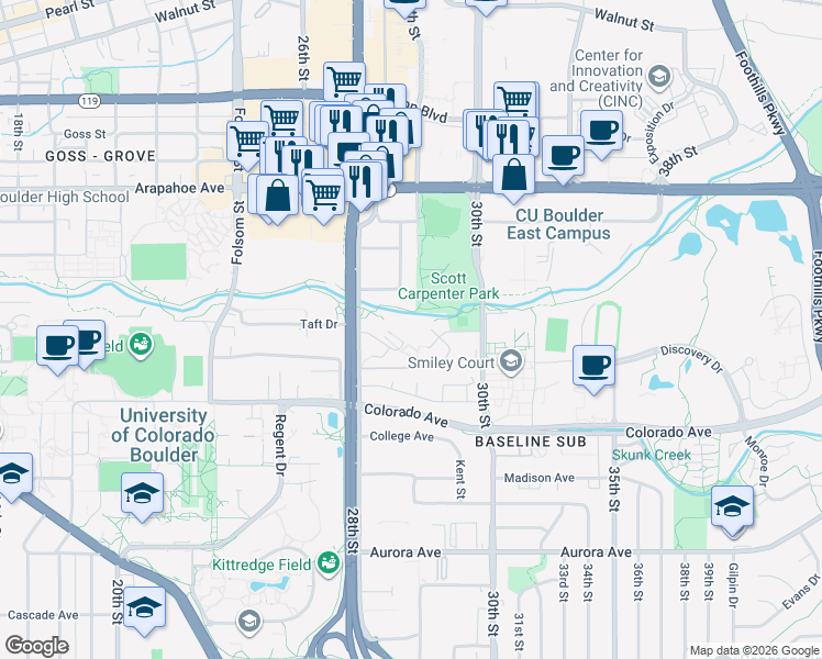 map of restaurants, bars, coffee shops, grocery stores, and more near 2877 Shadow Creek Drive in Boulder