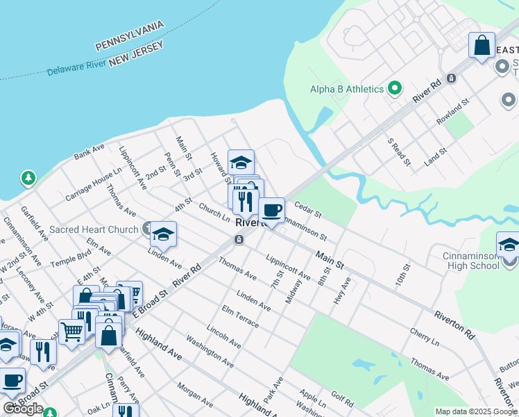 map of restaurants, bars, coffee shops, grocery stores, and more near 507 Cinnaminson Street in Riverton
