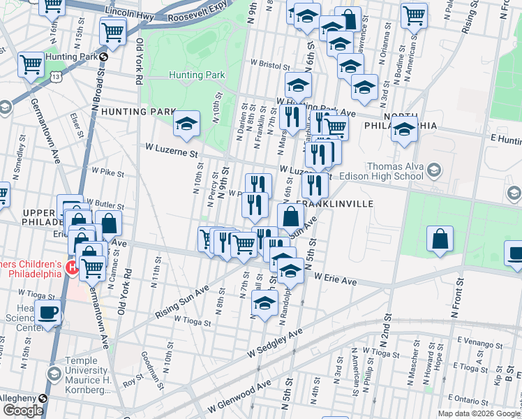 map of restaurants, bars, coffee shops, grocery stores, and more near 3903 North 7th Street in Philadelphia