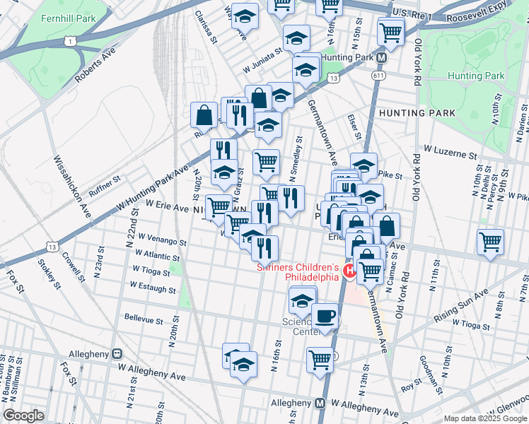 map of restaurants, bars, coffee shops, grocery stores, and more near 3744 North 17th Street in Philadelphia