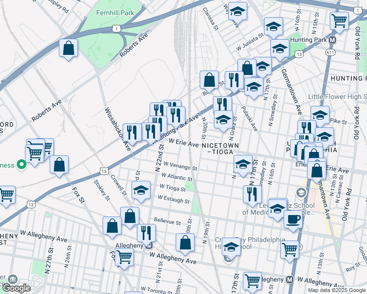 map of restaurants, bars, coffee shops, grocery stores, and more near 2080 West Erie Avenue in Philadelphia