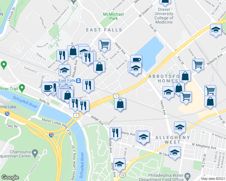 map of restaurants, bars, coffee shops, grocery stores, and more near in Philadelphia