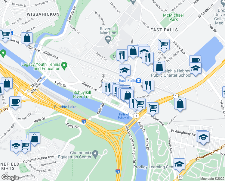 map of restaurants, bars, coffee shops, grocery stores, and more near 3678 Calumet Street in Philadelphia