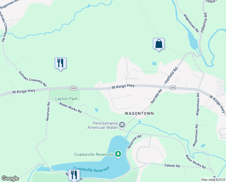 map of restaurants, bars, coffee shops, grocery stores, and more near 577 West Kings Highway in Coatesville
