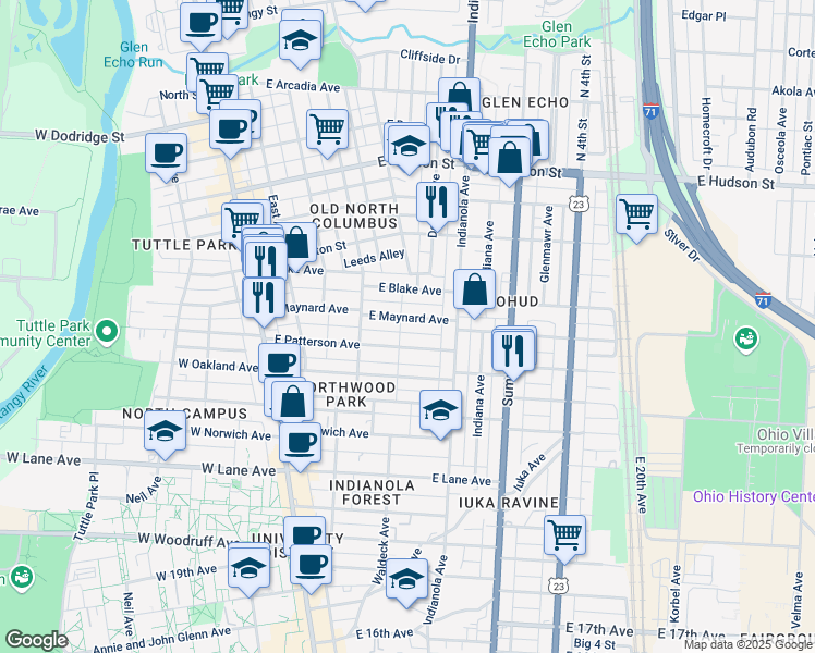 map of restaurants, bars, coffee shops, grocery stores, and more near 232 East Maynard Avenue in Columbus