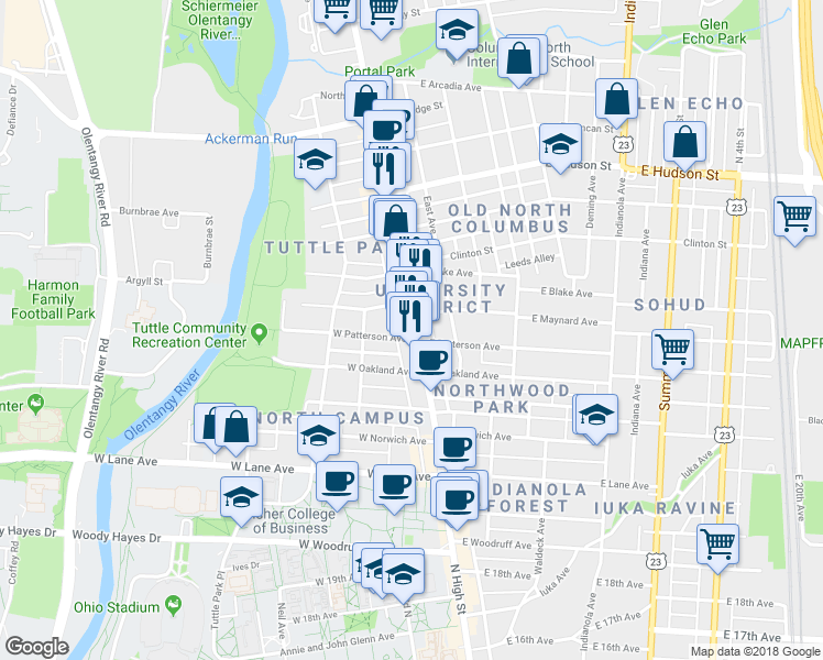 map of restaurants, bars, coffee shops, grocery stores, and more near in Columbus