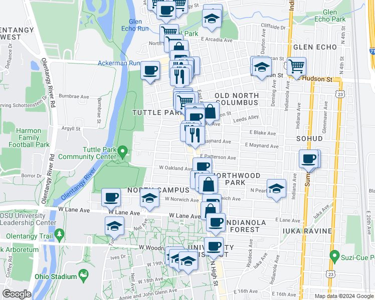 map of restaurants, bars, coffee shops, grocery stores, and more near 45 West Maynard Avenue in Columbus