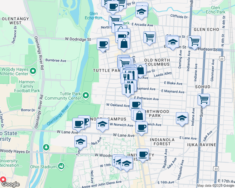 map of restaurants, bars, coffee shops, grocery stores, and more near 45 West Maynard Avenue in Columbus