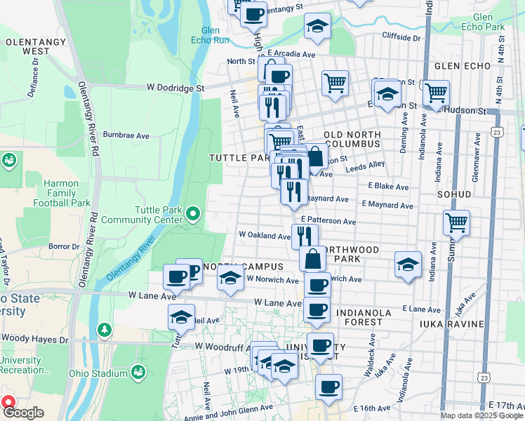 map of restaurants, bars, coffee shops, grocery stores, and more near 45 West Maynard Avenue in Columbus