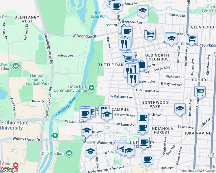 map of restaurants, bars, coffee shops, grocery stores, and more near 161 West Maynard Avenue in Columbus