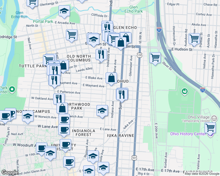 map of restaurants, bars, coffee shops, grocery stores, and more near 2339 Indianola Avenue in Columbus