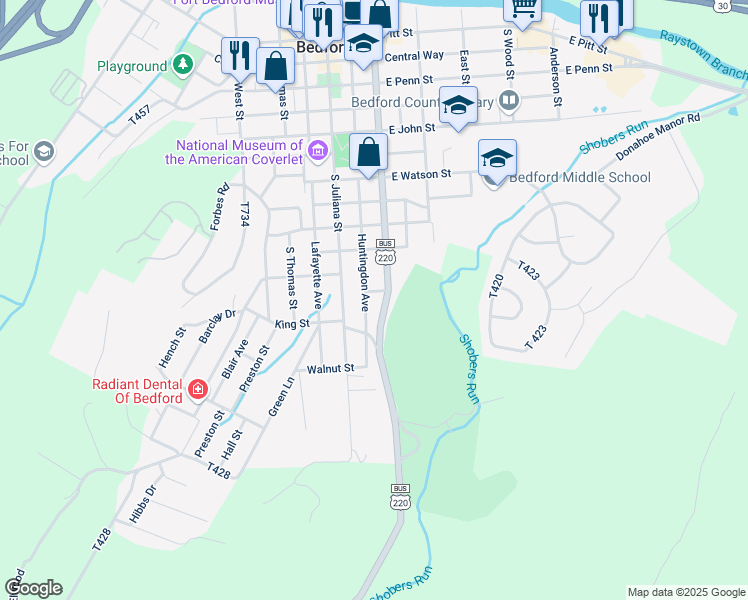 map of restaurants, bars, coffee shops, grocery stores, and more near 620 South Richard Street in Bedford