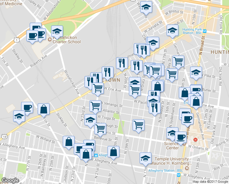 map of restaurants, bars, coffee shops, grocery stores, and more near 2080 West Erie Avenue in Philadelphia