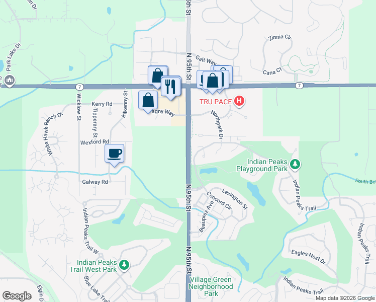 map of restaurants, bars, coffee shops, grocery stores, and more near 1341 North 95th Street in Lafayette