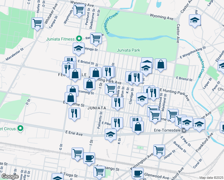 map of restaurants, bars, coffee shops, grocery stores, and more near 4122 J Street in Philadelphia