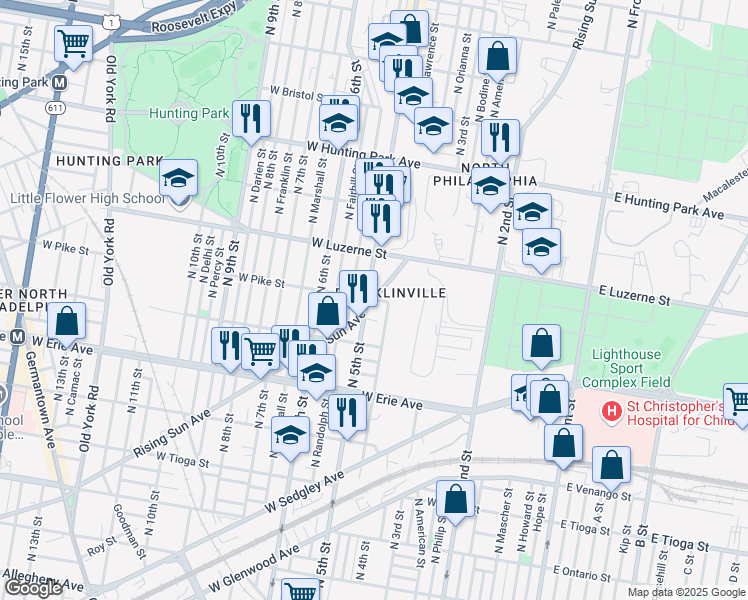 map of restaurants, bars, coffee shops, grocery stores, and more near 468 Rising Sun Avenue in Philadelphia